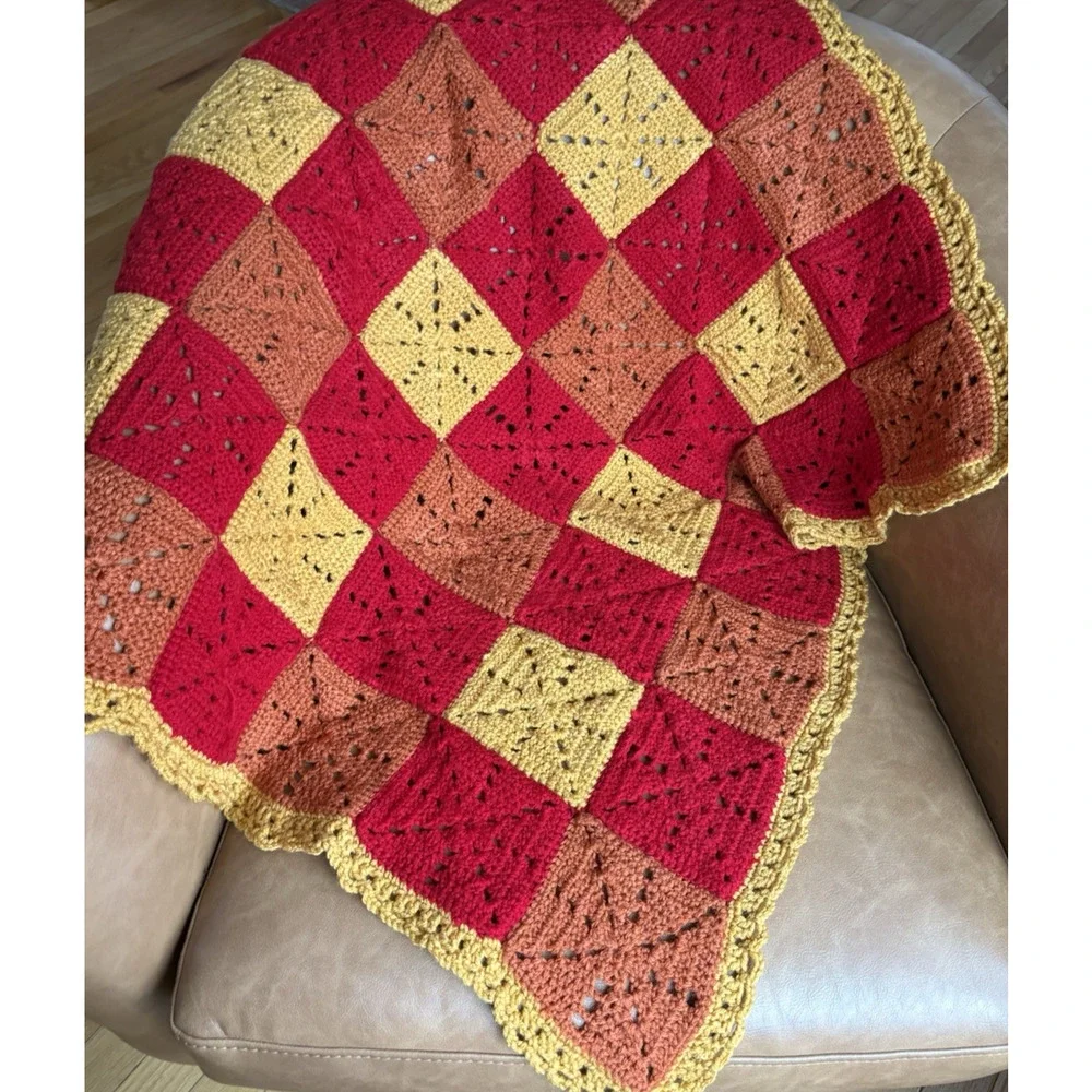 Handmade Crochet Granny Square Patchwork Baby Blanket Retro Red Brown 35